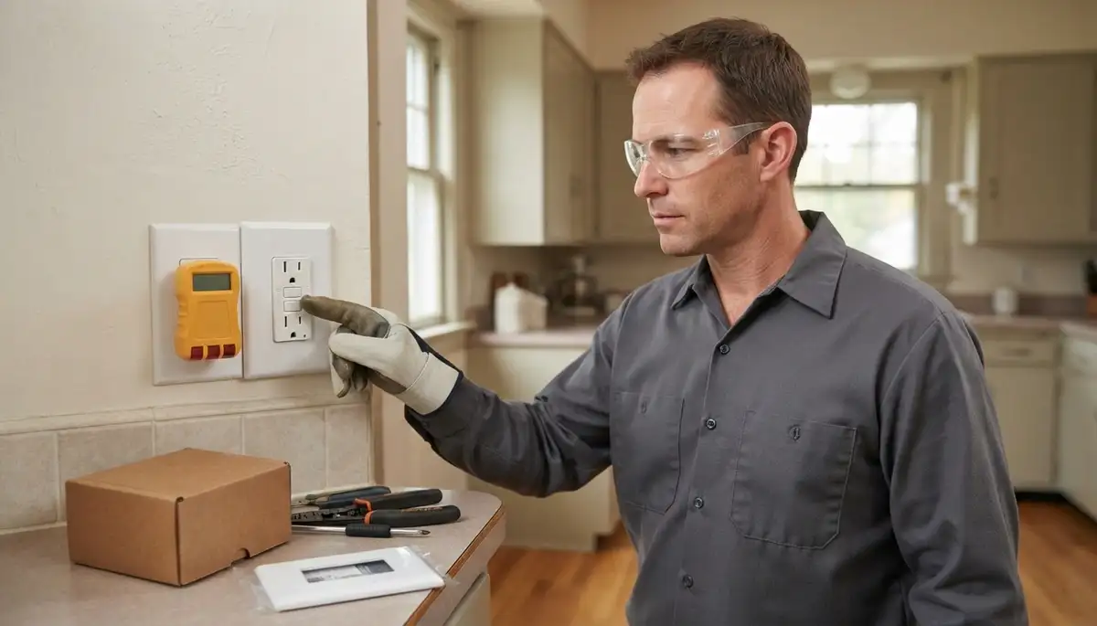 Electrician tests and resets a GFCI outlet in an Albany, NY kitchen