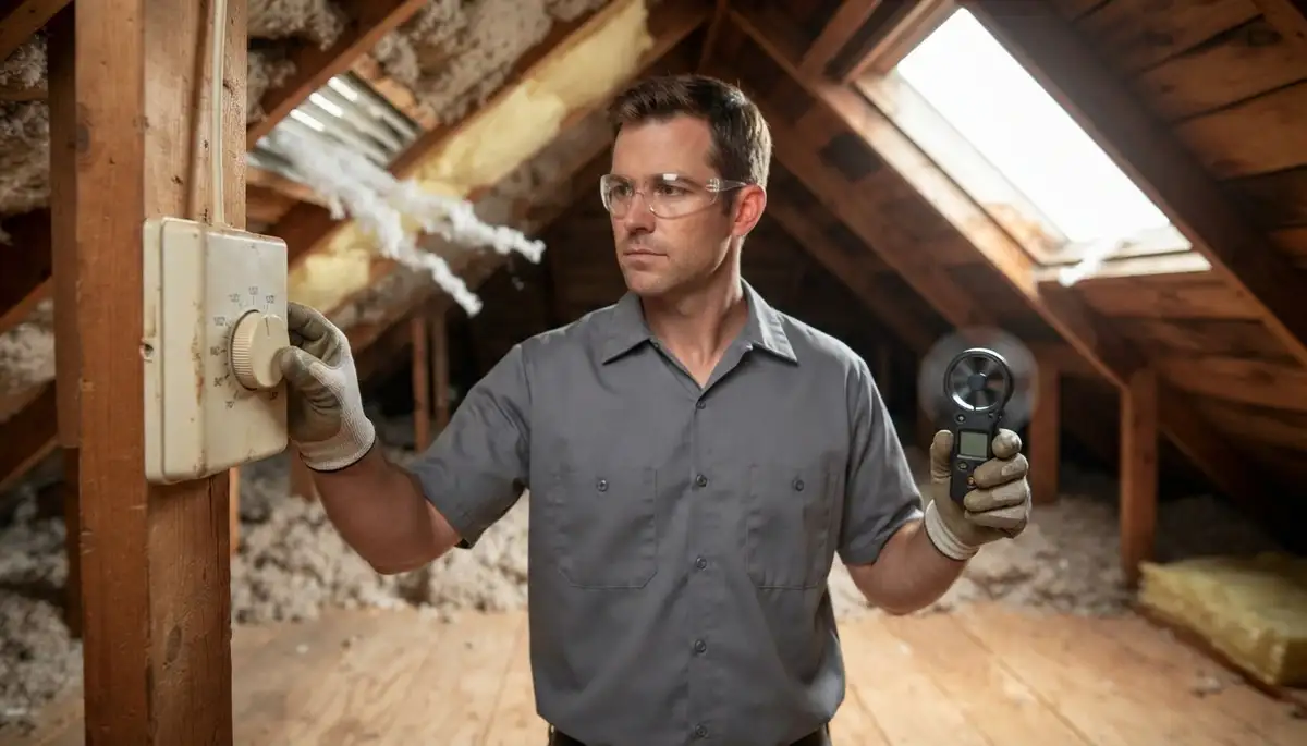 Electrician adjusts an attic fan thermostat and verifies soffit airflow in Albany, NY
