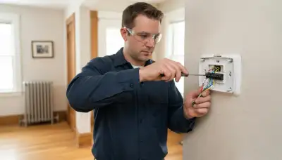 Electrician leveling and wiring a thermostat base during installation in Albany, NY