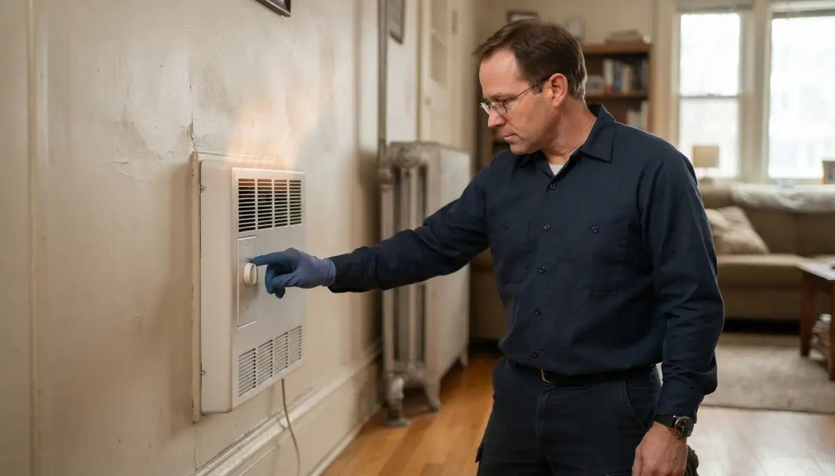 Albany, NY electrician adjusting an electric heater thermostat and verifying warm air output