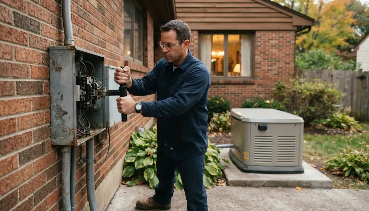 Albany, NY electrician verifies a generator transfer switch with a running standby generator during an outage test