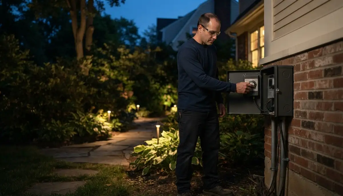 Albany, NY electrician adjusts a landscape lighting transformer timer during nighttime path-light verification