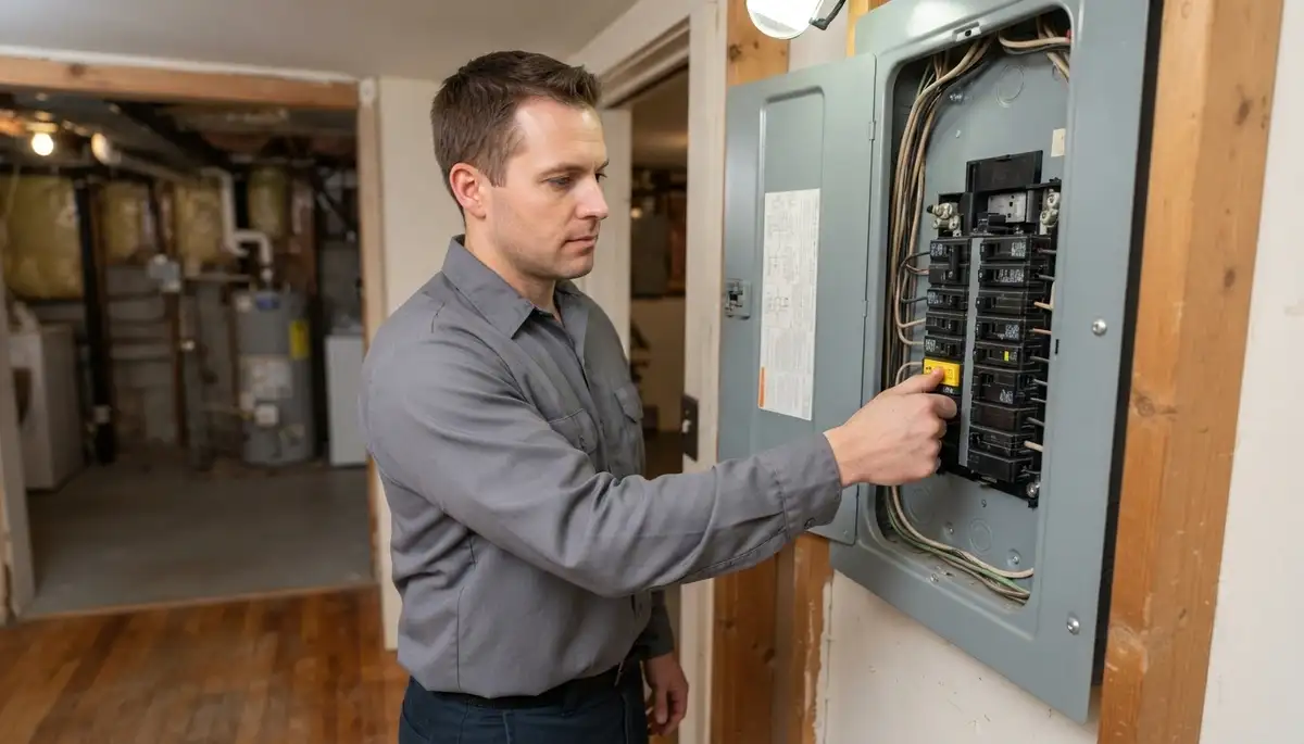 Albany, NY electrician tests a newly installed GFCI breaker by pressing its trip button for shock protection