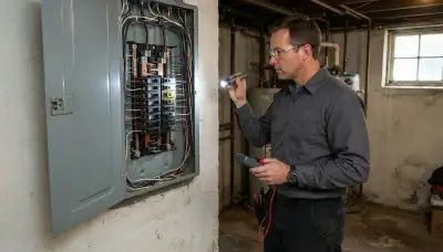 Electrician inspecting a home electrical panel during a whole-home inspection in Cohoes, NY