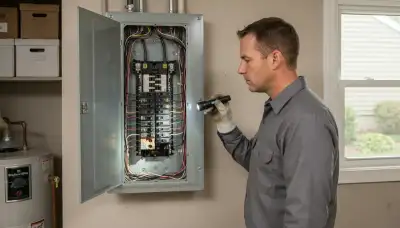 Electrician conducting a whole-home electrical inspection of a panel and wiring in Latham, NY