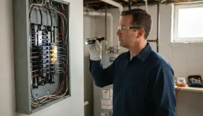 Electrician performing a whole-home electrical inspection in Voorheesville, NY, checking breakers and wiring