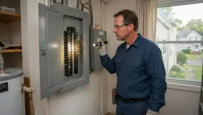 Electrician performing a whole-home electrical inspection with a voltage tester in Watervliet, NY