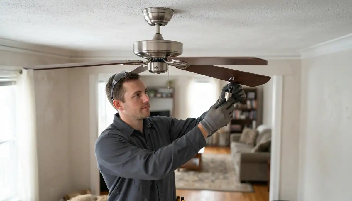 Electrician in Albany, NY clips a balancing weight onto a ceiling fan blade during repair